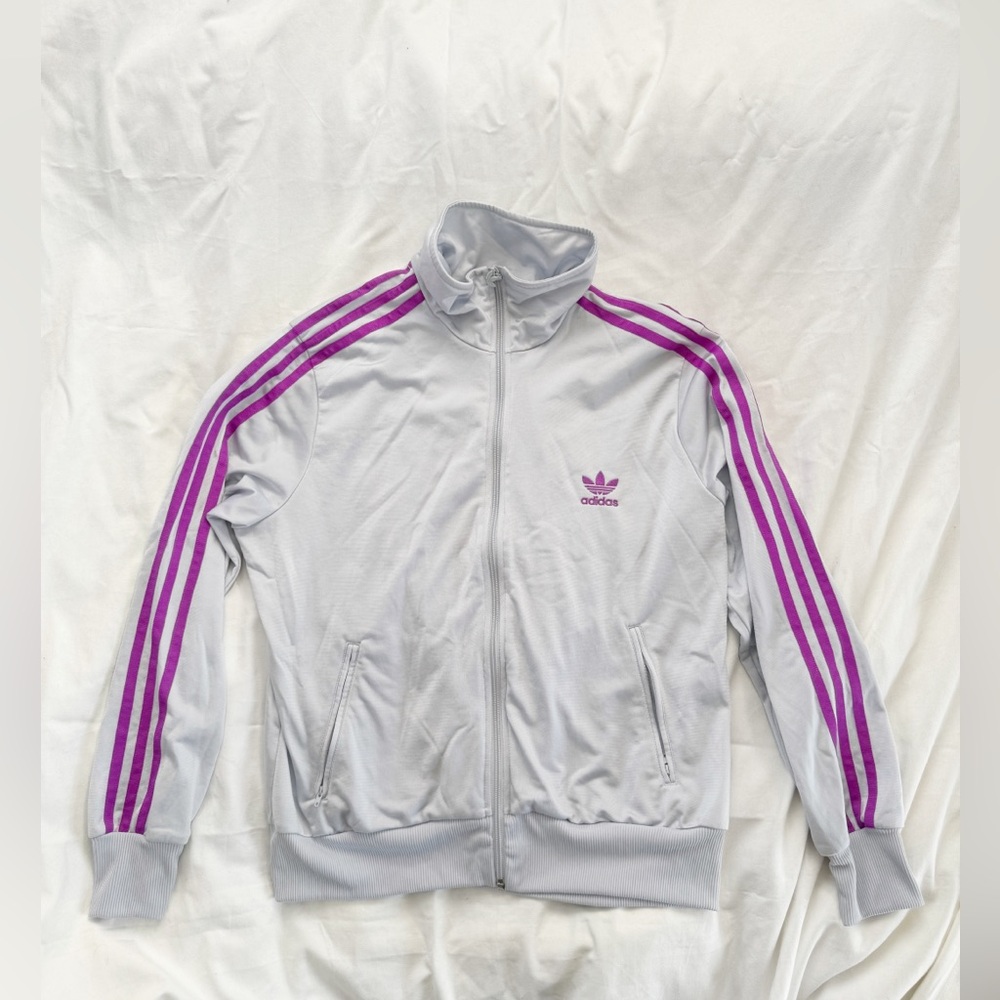 Adidas Women's Grey Track Jacket with Purple Stripes